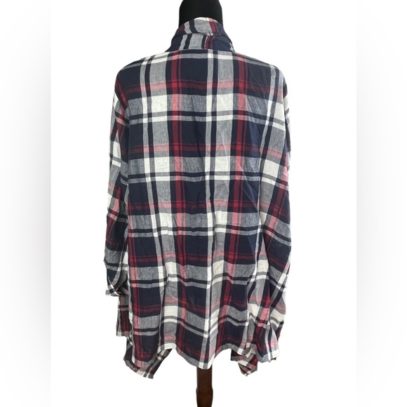 Cato’s Red & Blue Plaid Roll Tab Sleeves Asymmetrical Open front Cardigan shirt - Picture 3 of 8
